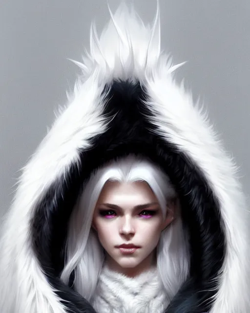 Prompt: dragon hunter wearing a fur - lined dragonhide jacket!!! beautiful and elegant white hair female!! symmetry, character concept art, sharp focus, illustration, artgerm!! greg rutkowski! wlop!! ilya kuvshinov!! charlie bowater! octane render, unreal engine 5! highly rendered!!