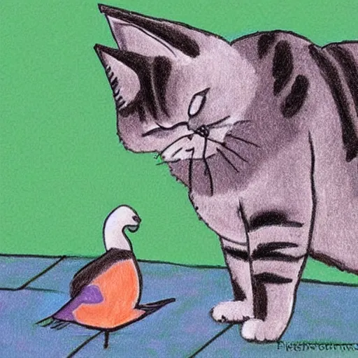 Prompt: cat drawing a pigeon, realistic, real life