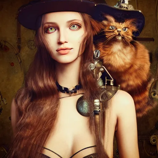 Image similar to a beautiful portrait of a beautiful steampunk woman and her cute robot cat standing beside her by mario testino, long hair, aged 2 5, swedish, wearing an explorers hat, photo realistic, real life, octane render, trending on artstation