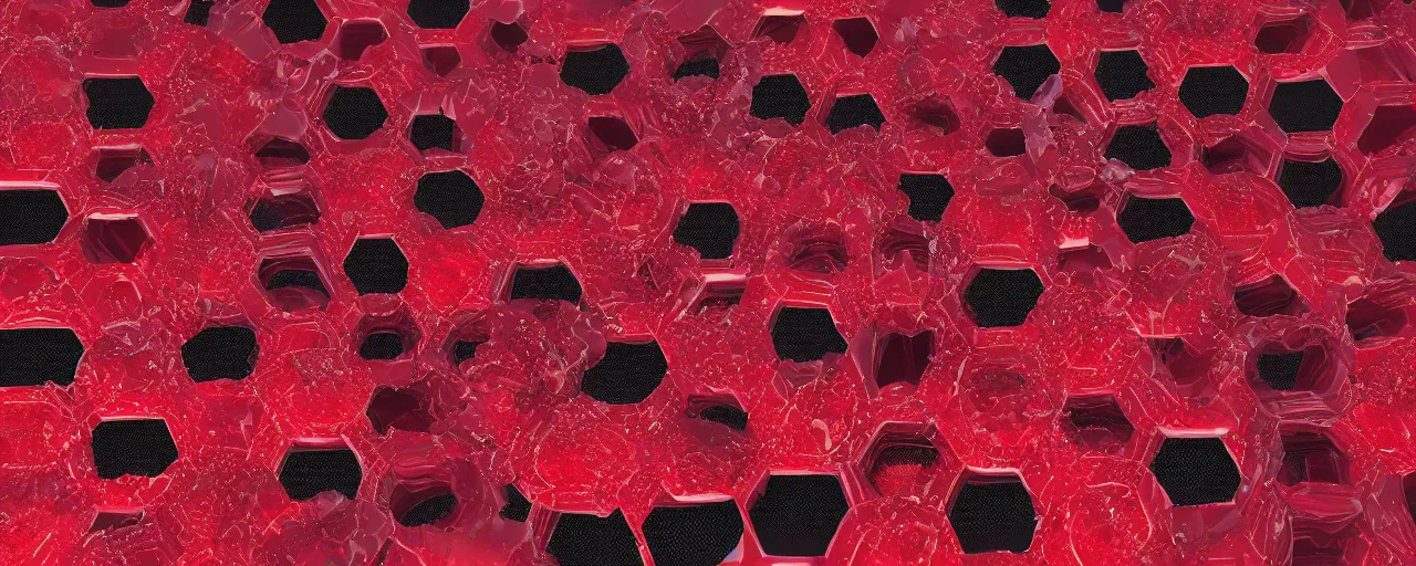 Prompt: crimson - black honeycomb dripping honey, photorealistic, octane render, rtx, hdr, unreal engine, digital art