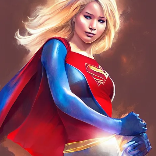 Image similar to Jennifer Lawrence as Supergirl by Stanley Artgerm Lau, WLOP, Rossdraws, Frank Frazetta, Andrei Riabovitchev, Marc Simonetti, trending on artstation.