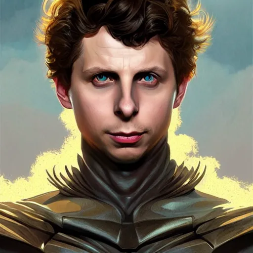 Image similar to handsome Michael Cera as Batman, western, D&D, fantasy, intricate, elegant, highly detailed, digital painting, artstation, concept art, matte, sharp focus, illustration, art by Artgerm and Greg Rutkowski and Alphonse Mucha