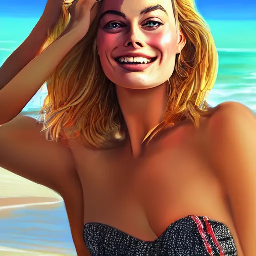 Image similar to a portrait of margot robbie holding a coctail on the beach, beautiful face, highly detailed, digital art