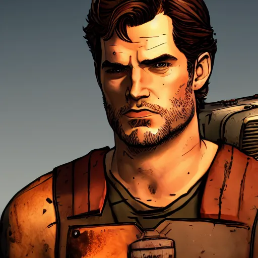 Prompt: henry cavill portrait, borderlands, tales from the borderlands, the wolf among us, comic, cinematic lighting, studio quality, 8 k