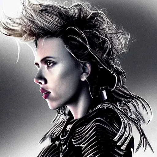 Prompt: “Scarlett Johansson portrait, dystopia core, hyperrealistic, apocalyptic, highly detailed exoskeleton armor, dramatic, sharp focus, hero, gape, epic”