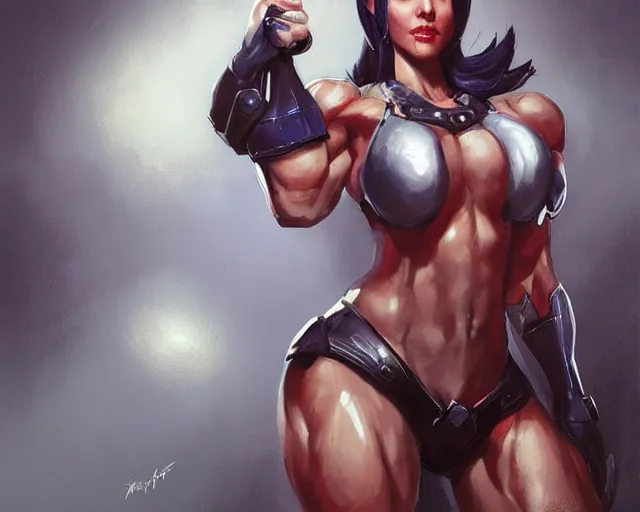 Image similar to portrait of widowmaker from overwatch as a beautiful female bodybuilder amazon with plump lips, elegant, fantasy, hd shot, digital portrait, beautiful, artstation, comic style, by artgerm, guy denning, jakub rozalski, magali villeneuve and charlie bowater