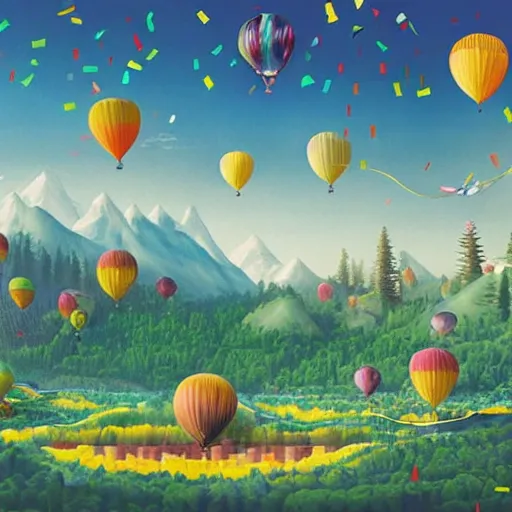 Image similar to inflatable landscape with forest, river and mountains in the middle of the frame colossal balloon surrounded by colorful ribbons and party confetti , concept art, huge scale, high detail, sci fi by James Jean