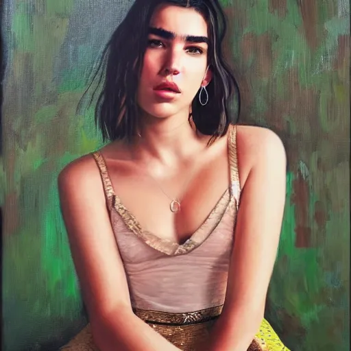 Image similar to dua lipa in a realistic painting, ultra realistic, very details, cinematic