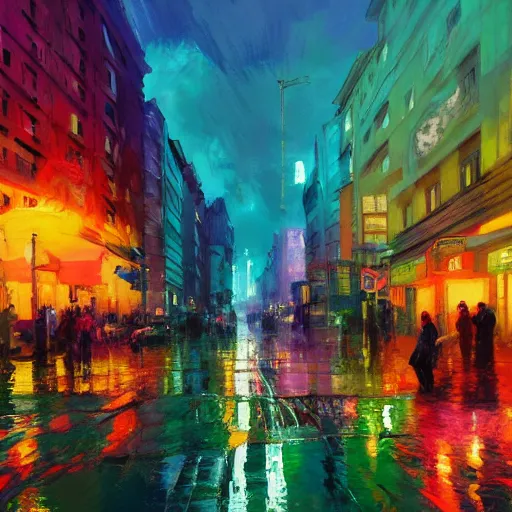 Image similar to acrylic painting, impressionism and expressionism, strong emotional impact, bold pastel colors, expressive brushstrokes, puddles, an art deco streetscape lined with beautiful flowers, by liam wong and tyler edlin, trending on artstation