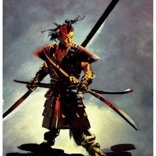 Image similar to samurai by frank frazetta, wielding a glowing magical katana, dynamic pose, eastern influences, fantasy, very detailed, dungeons & dragons, sharp focus, striking, artstation contest winner, detailed