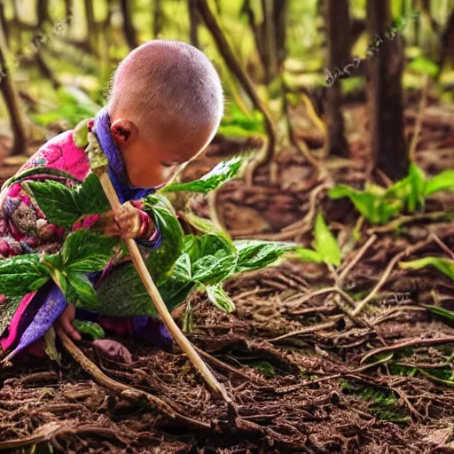 Prompt: chinese fairytale ginseng plant babies playing and jumping around in the deep forest, with sunlight shining through the tress, and a herbal medicine hunter crouching in the bushes