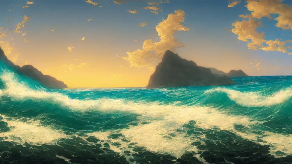 Image similar to first person view of breaking waves on the shore, summer, clear beautiful sky, bright sky, dolphins jumping and playing near the shore, peaceful, amazing, by andreas rocha and john howe, and Martin Johnson Heade, featured on artstation, featured on behance, golden ratio, ultrawide angle, f32, well composed