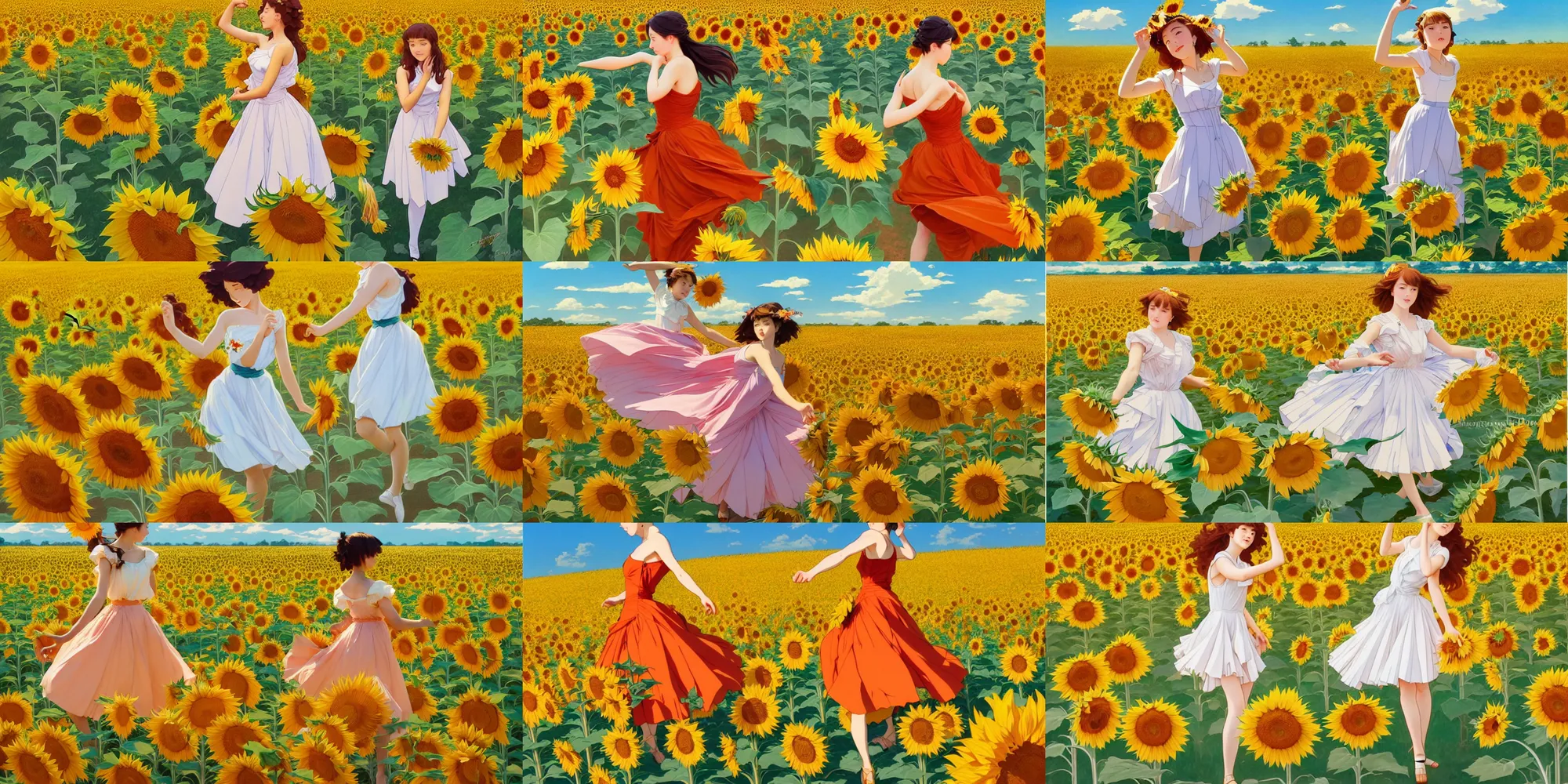 Prompt: beautiful young girl dancing in a fiery dress in a beautiful field of sunflowers and lilies, classroom, in the style of studio ghibli, j. c. leyendecker, greg rutkowski, artgerm