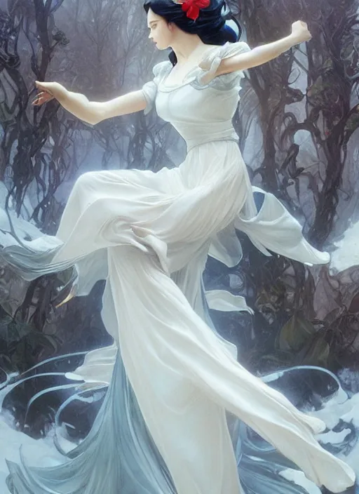 Prompt: snow white, white splash aura in motion, floating pieces, painted art by tsuyoshi nagano, greg rutkowski, artgerm, alphonse mucha, spike painting