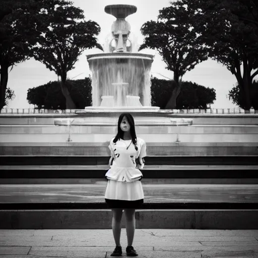 Prompt: a full body portrait of a young woman in black and white maid uniform standing in front of a fountain in a park, 8k, cinematic, photo taken with Sony a7R camera, by William-Adolphe