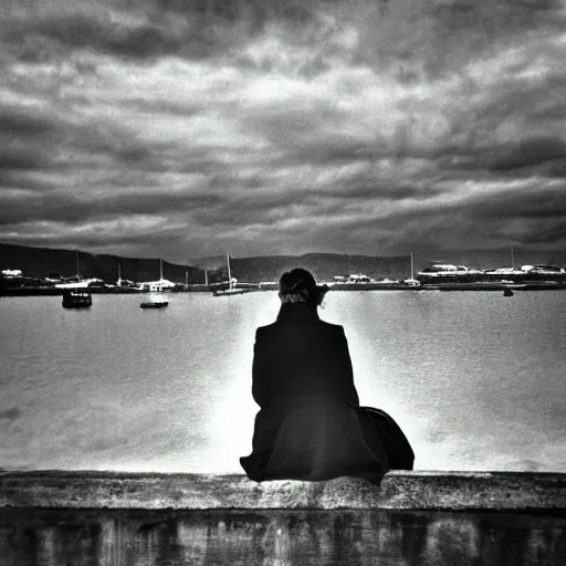 Prompt: a woman sitting at a harbour looking out at boats. gothic. soft lighting. eerie. folk horror