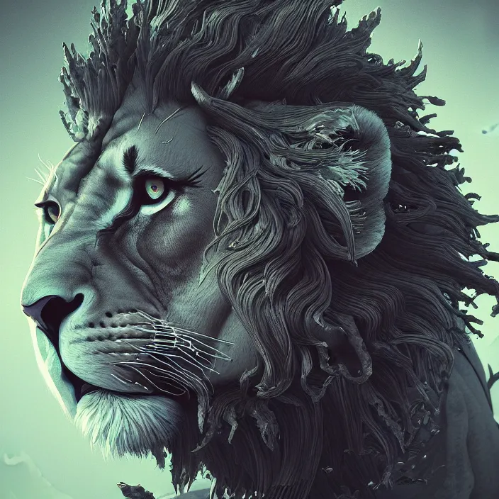 Prompt: lion. intricate abstract. intricate artwork. by Tooth Wu, wlop, beeple, dan mumford. octane render, trending on artstation, greg rutkowski, very coherent symmetrical artwork. cinematic, hyper realism, high detail, octane render, 8k, iridescent accents, deep blacks