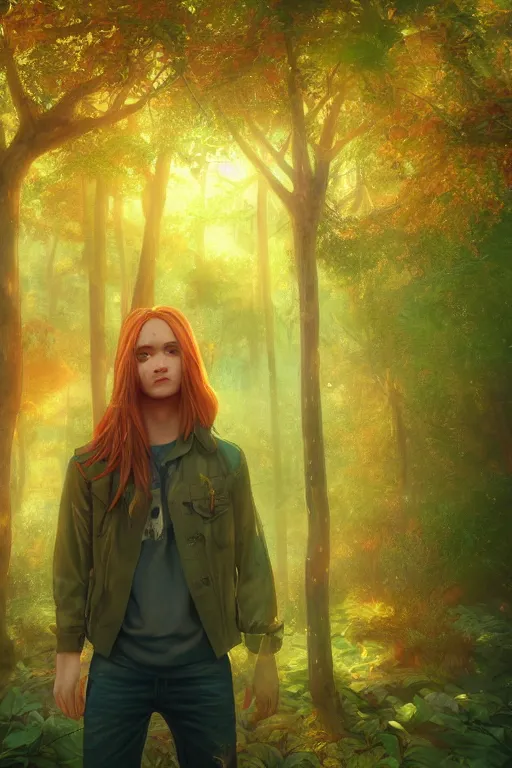 Image similar to pretty young man with long golden hair, trees, detailed forest background, webtoon, breathtaking scenery, colourful, 8 k, graphic novel, digital art trending on artstation, volumetric lighting, octane render, cinematic, hyper detailed, magical atmosphere