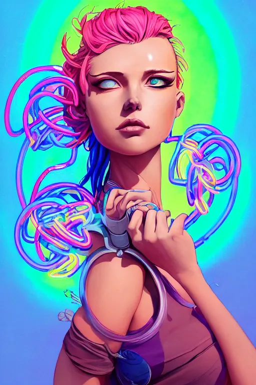 Image similar to a award winning portrait of a beautiful woman with stunning eyes in a one off shoulder croptop and cargo pants with rainbow colored hair, outlined by whirling illuminated neon lines and fine lines swirling in circles by jesper ejsing and rhads and makoto and shinkai and lois van baarle, digital art, trending on artstation