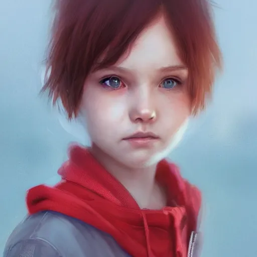 Image similar to a cute tiny girl with short red hair wearing a hoodie, digital art, very beautiful face, pretty face, very detailed eyes, full body illustration, 8 k resolution, soft painting, by greg rutkowski, wlop, rossdraws,