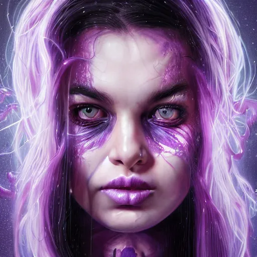 Image similar to detailed photo portrait of a furious teen girl with thin, hair-like purple tentacles on her head and bright purple eyes, 8k,by tristan eaton, Stanley Artgermm,Tom Bagshaw,Greg Rutkowski,Carne Griffiths,trending on DeviantArt, face enhance,hyper detailed ,full of colour, dramatic lightning