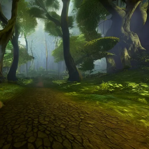 Prompt: warrior cats forest location, path, dark, purple a bit, unreal engine