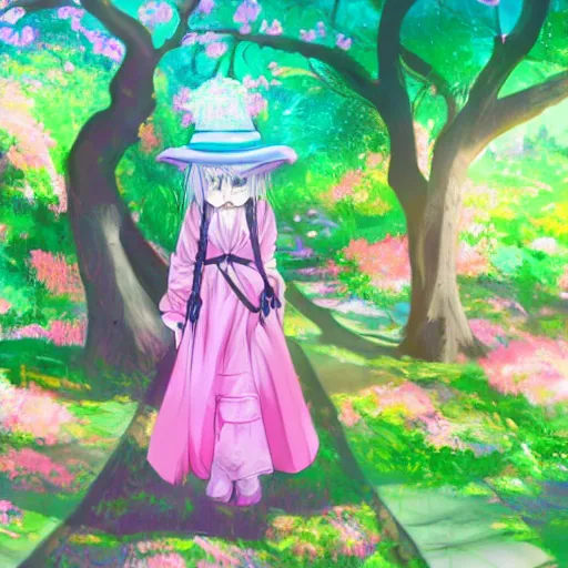 Image similar to a pink mage wearing a small satchel and a pink witch's hat walking through a lush psychedelic forest, concept art, anime