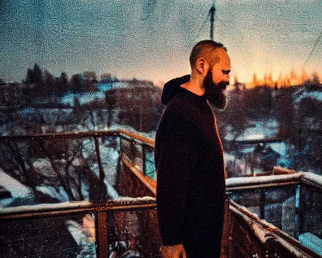 Image similar to lomo photo of 4 0 years russian man with beard and sweater standing on small hrushevka 9 th floor balcony full with cigarette smoke in winter taiga looking at sunset, cinestill, bokeh