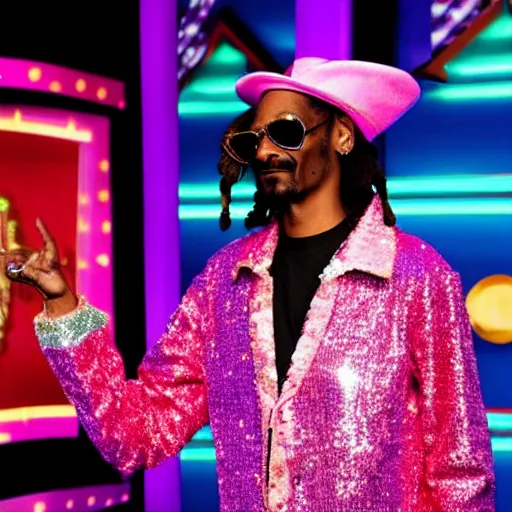 Image similar to Snoop Dogg wearing a pink sequin jacket and a sombrero, standing hosting a game show stage, studio lighting