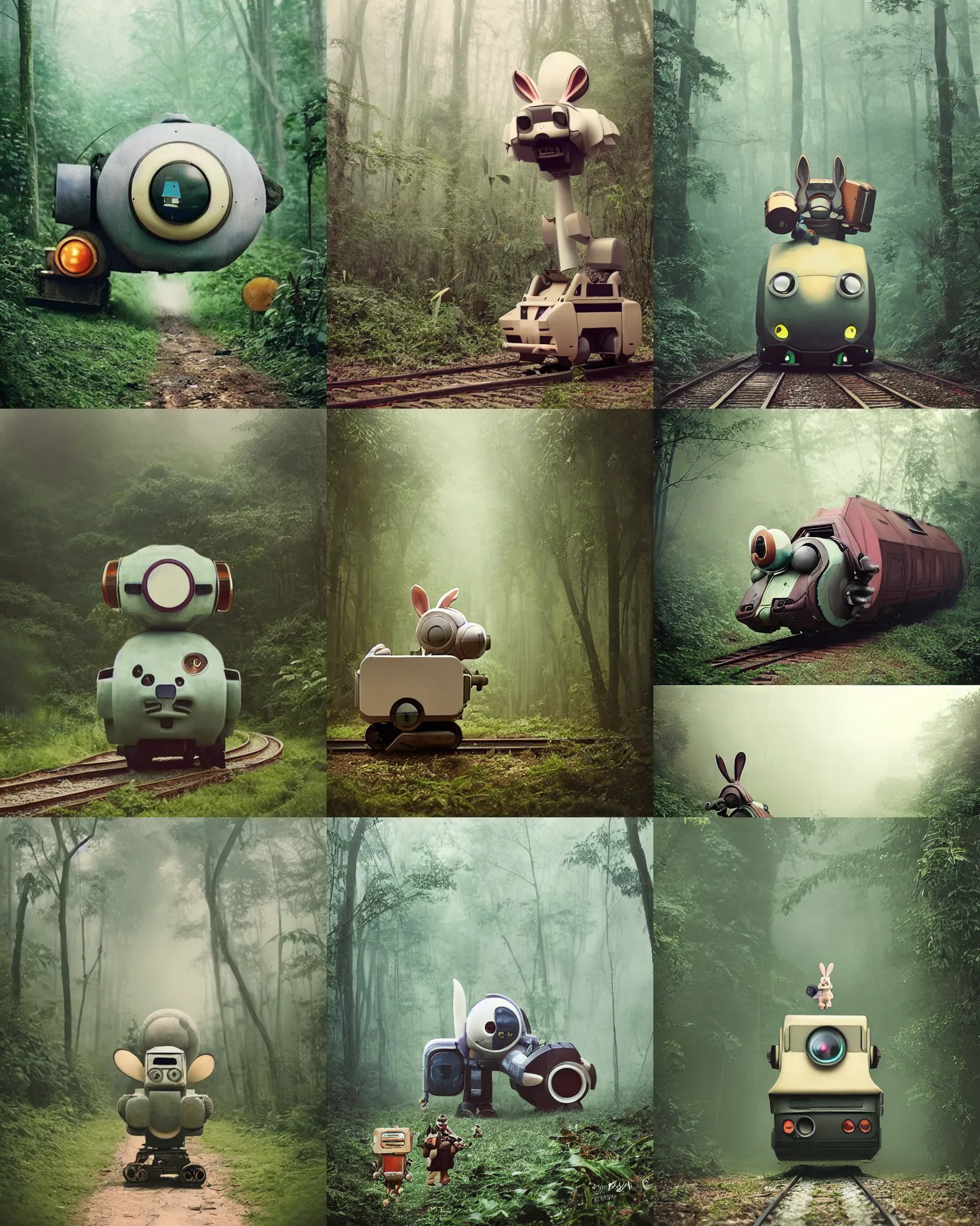 Prompt: epic chase !!! giant oversized battle rabbit robot chubby mech cute train with big ears , on a jungle forest , full body , Cinematic focus, Polaroid photo, vintage , neutral dull colors, foggy mist , by oleg oprisco , by victor enrich , by gregory crewdson