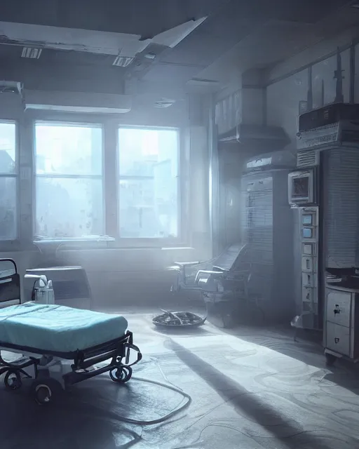 Prompt: artstation scifi scene of a shabby chinese hospital ward, big fan ， dust ， a bunch of light on a business card, bed, wheelchair, window, bedside table, paneled walls, unreal engine 5, hyper realism, realistic shading, cinematic composition, blender render, octane render, hdr, detailed textures, photorealistic, wide shot