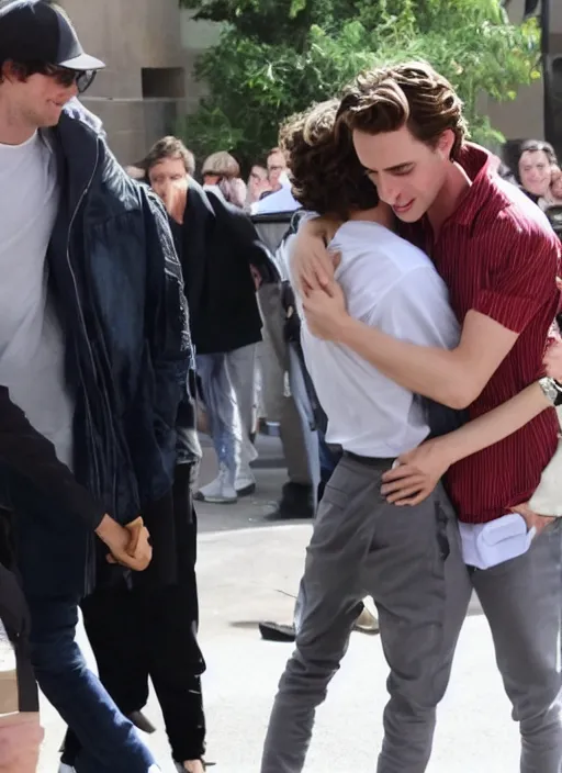 Image similar to photo of Timothee Chalamet hugging boyfriend Armie Hammer