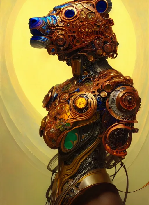 Image similar to organic cyborg, asian bright coloured bear mask opening, diffuse lighting, fantasy, intricate, elegant, highly detailed, lifelike, photorealistic, digital painting, artstation, illustration, concept art, smooth, sharp focus, art by John Collier and Albert Aublet and Krenz Cushart and Artem Demura and Alphonse Mucha
