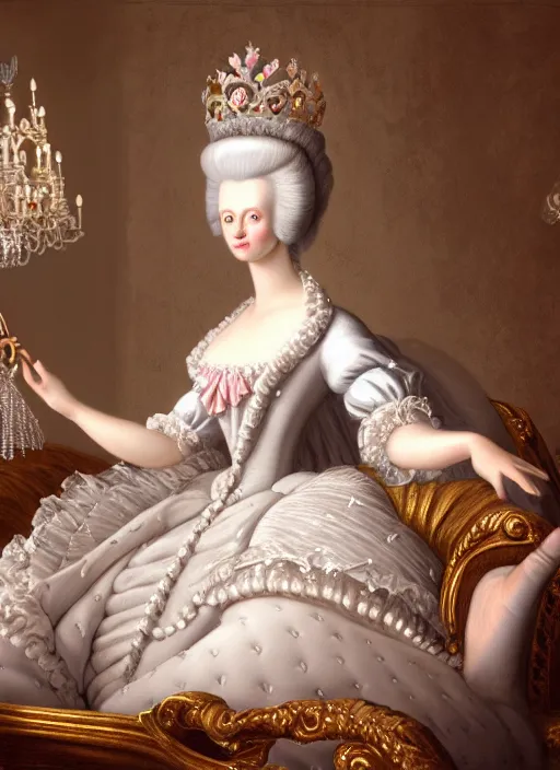 Image similar to highly detailed closeup, simple hand gestures, straight fingers, portrait of marie antoinette wearing a crown and sitting on a throne eating cakes, unreal engine, nicoletta ceccoli, mark ryden, earl norem, lostfish, global illumination, god rays, detailed and intricate environment