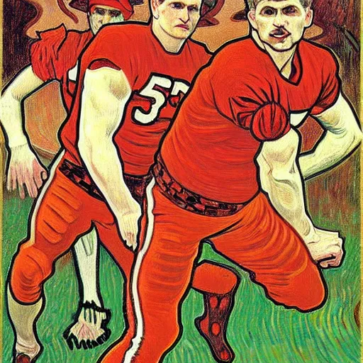 Prompt: painting of arkansas razorbacks players at the halloween jack o'lantern party, elegant, clear, painting, stylized, delicate, soft facial features, art, art by alphonse mucha, vincent van gogh, egon schiele