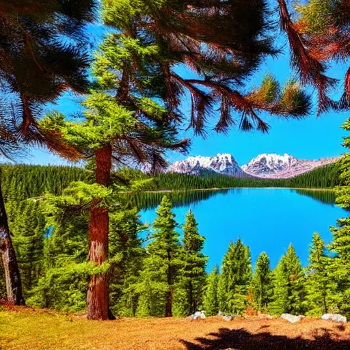 Image similar to a lake surrounded by pine trees with mountains in the background in the style of Bob Ross