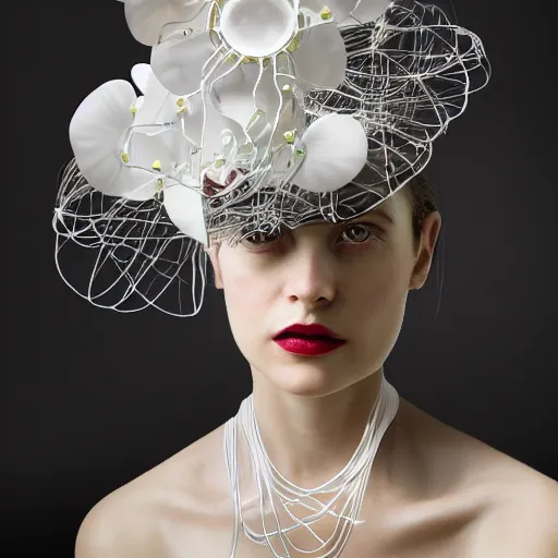 Prompt: a beautiful futuristic portrait with hat made white plastic flowers twisted around her face, necklace made by silk and wire, design by leonardo davinci, inspired by egon schiele, modern art, baroque art jewelry, new classic, hyper realistic, cinematic composition, cinematic lighting, fashion design, concept art, hdri, 4 k -