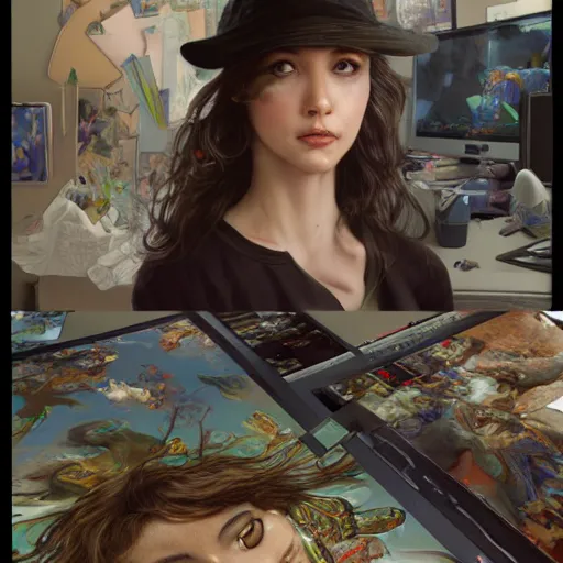 Image similar to a computer graphics artist with a ballcap in a messy room at the computer animating, ultra realistic, concept art, intricate details, serious, highly detailed, photorealistic, octane render, 8 k, unreal engine. art by artgerm and greg rutk owski and alphonse mucha