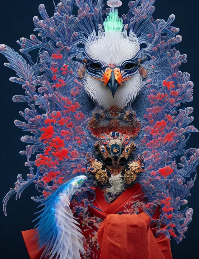 Image similar to 3 d shaman portrait. beautiful intricately detailed japanese crow kitsune mask and clasical japanese kimono. betta fish, jellyfish phoenix, bio luminescent, plasma, ice, water, wind, creature, artwork by tooth wu and wlop and beeple and greg rutkowski