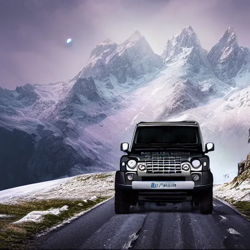 Image similar to a landrover crossing the alps while its snowing, digital art, artstation, photgraphy