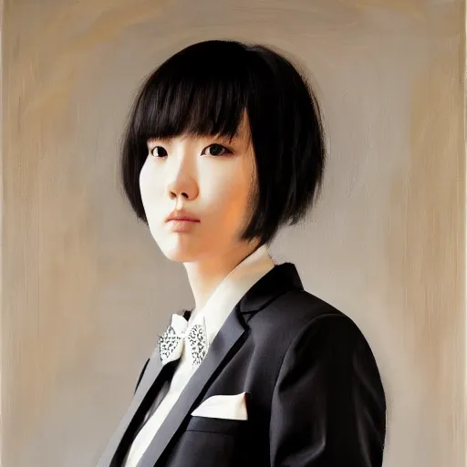 Image similar to portrait of a beautiful korean girl wearing a men's tuxedo, with long hair and bangs, angular features, angry expression, oil on canvas, elegant pose, masterpiece, Jonathan Yeo painting