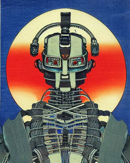 Image similar to Hiroshige portrait of a robot saint made of cables and robotic pod by Claudio Mazzoli