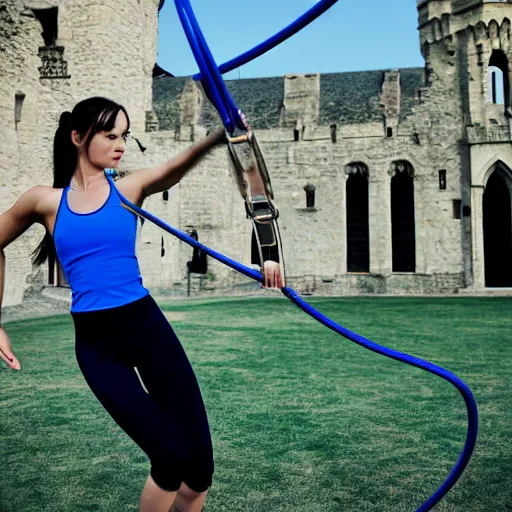 Image similar to beautiful athletic fit female swinging on large lyra hoop, intricate detail, in front of medieval castle in electric - blue color scheme, cinematic composition, photorealistic, 8 k, symmetrical face, backlit, elegant, sharp focus