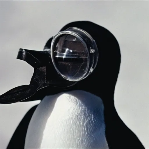 Image similar to a penguin wearing a gasmask, film still, arriflex 3 5
