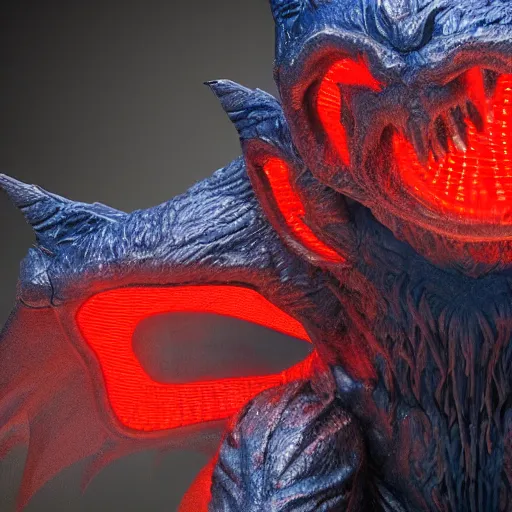 Image similar to detailed full body of scary giant mutant dark blue humanoid bat, glowing red eyes flying above a stormy ocean, sharp teeth, acid leaking from mouth, realistic, giant, bat ears, bat nose, bat claws, bat wings, furred, covered in soft fur, detailed, 85mm f/1.4