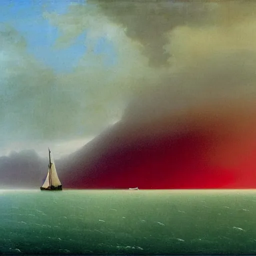 Prompt: minimalist symmetrical red clouds and green ocean in iceland fjord with tall futuristic zaha hadid sailboat painting by ivan aivazovsky