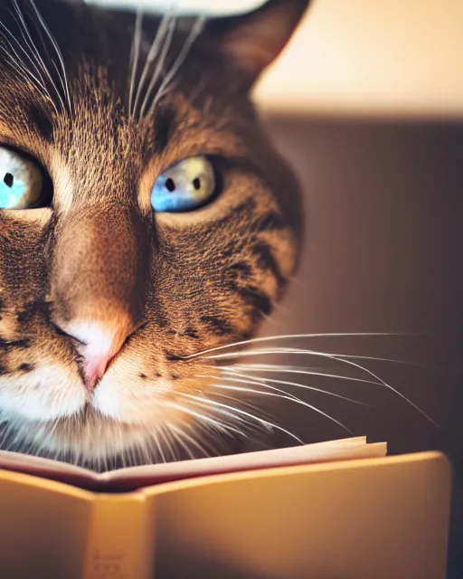 Prompt: high quality presentation photo of a cute mechanical cat reading a book, photography 4k, f1.8 anamorphic, bokeh, 4k, Canon, Nikon
