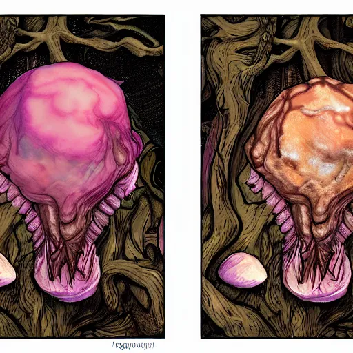 Prompt: digital art of a fantasy monster portrait with mushrooms coming out of the skin, and rotting away, dynamic lighting