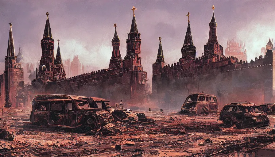 Prompt: A detailed render of a post apocalyptic scene of Kremlin in Moscow ruined and devastated by fires, burned down rusty Moscow buses in flood water, sci-fi concept art, by Syd Mead, highly detailed, oil on canvas