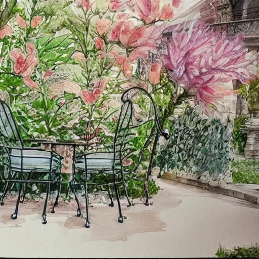 Prompt: delicate, tiger, chairs, garden, paved, botanic watercolors, iridescent, 8 k, realistic shaded, fine details, artstation, italian, iron gate, tree, mediterranean, marvelous